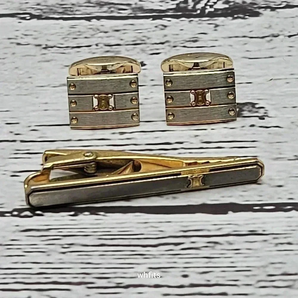 Celine Gold and Silver Cufflink and Tie Bar Set